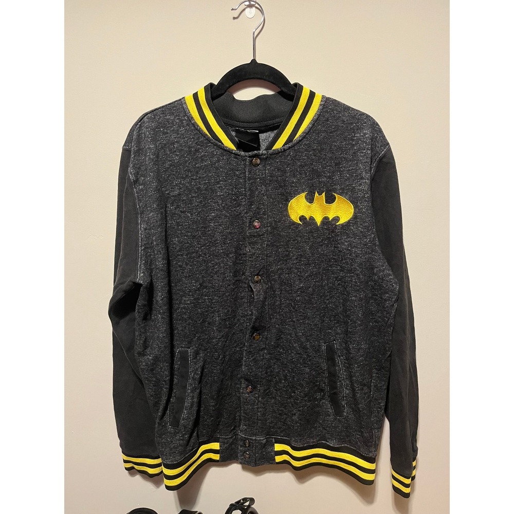 DC Comics Batman Varsity Bomber Jacket Gray Black Yellow Snap Front Large XL